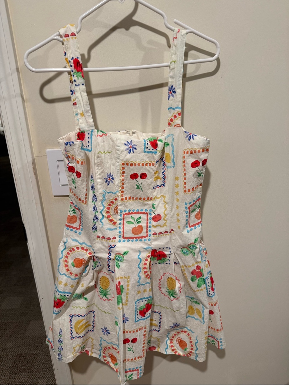 Avec Les Filles Cream Mini Dress with Red, Orange, Yellow and Green Fruit Print